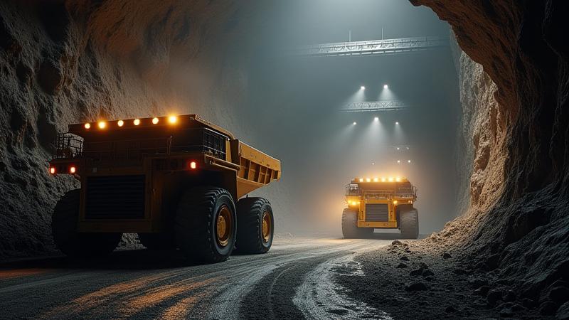 Detalyadong 3D virtual mining environment na may heavy equipment at rock formations