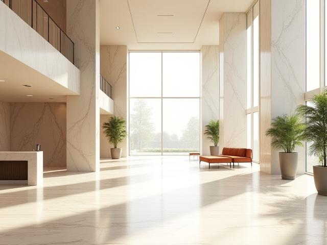 Larawan ng isang luxury lobby na may marmol na pader at sahig, render ng arkitektura